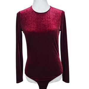 Velvet Bodysuit Red Burgundy‎ Lace Back Long Sleeve Elegant Party Top